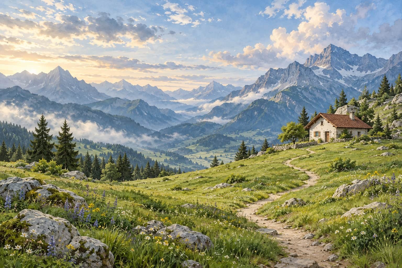 Cream cabin beside a winding meadow path, with green alpine slopes, fir trees, wildflowers, blue mountain ridges and pale morning clouds.