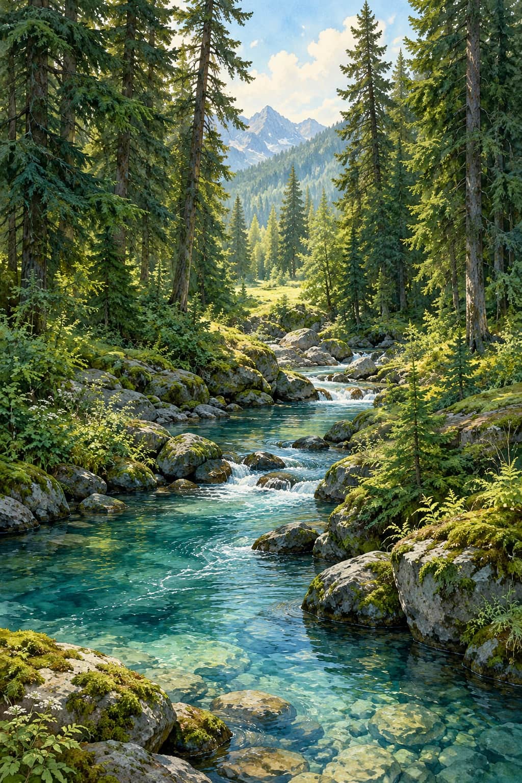 Clear blue-green woodland stream flowing around mossy boulders, framed by tall fir trees, ferns and a sunlit opening with distant blue mountains.
