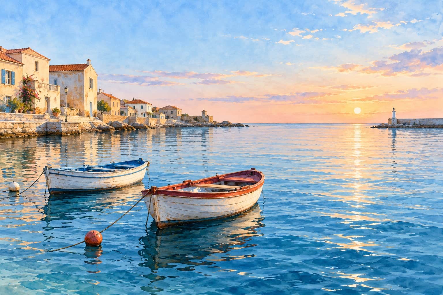 Two wooden rowboats on blue harbor water, cream waterfront buildings at left and a small lighthouse beneath a peach and pale-blue evening sky.