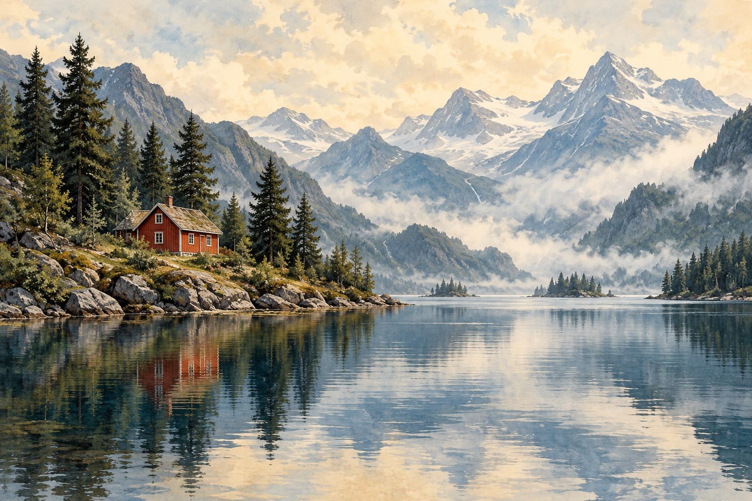 Small red cabin on a rocky lakeshore with dark pine trees, a reflective blue lake, mist, and snow-streaked mountain peaks.