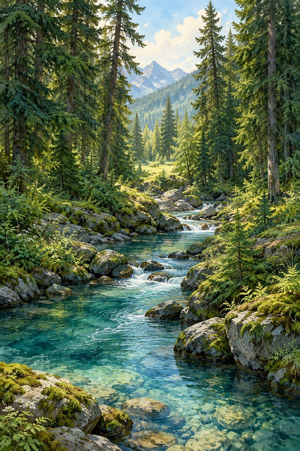 Clear blue-green woodland stream flowing around mossy boulders, framed by tall fir trees, ferns and a sunlit opening with distant blue mountains.